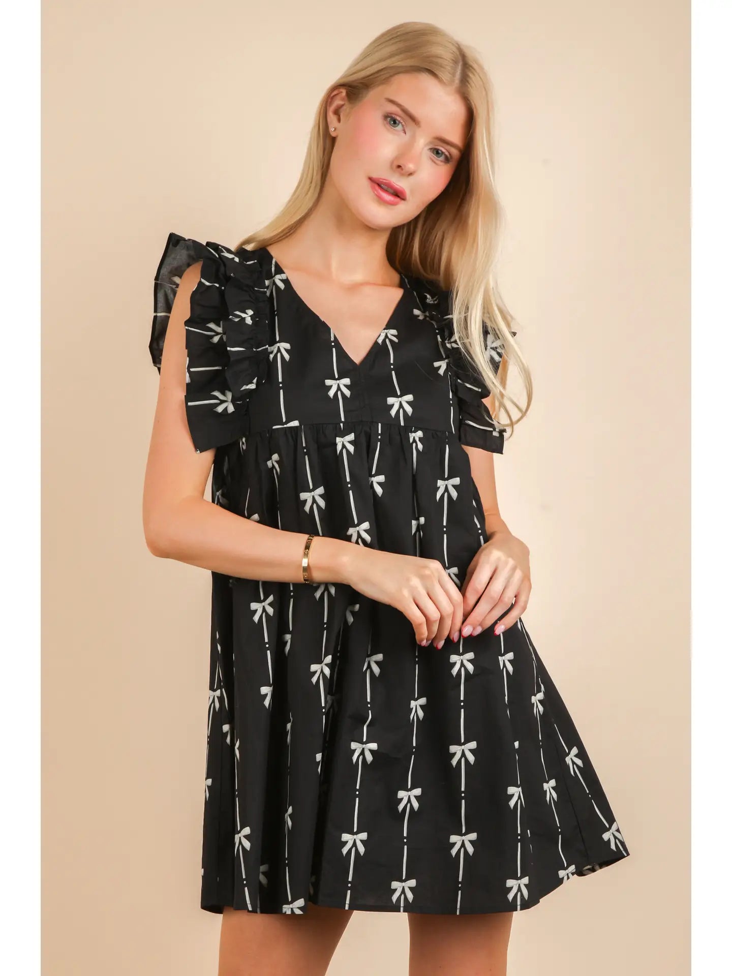 Bow Printed Sleeveless Mini Dress